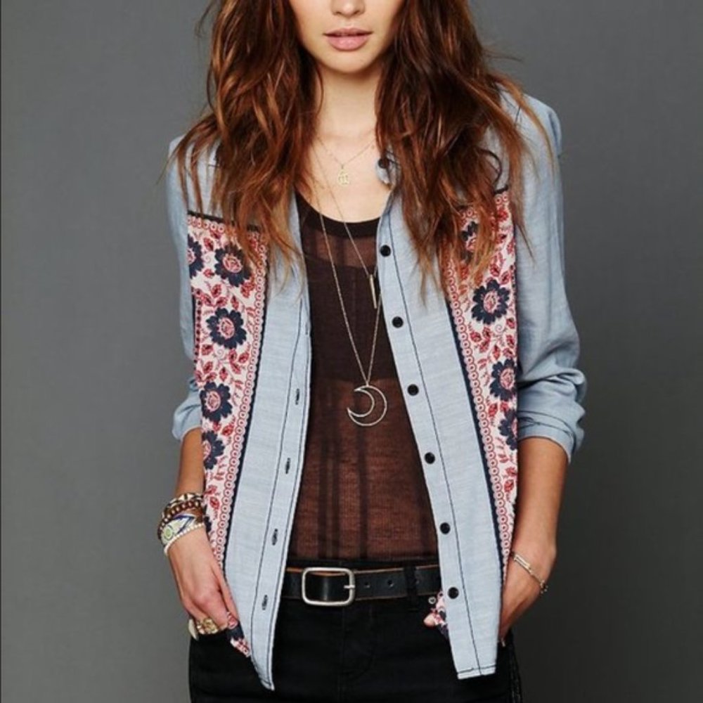 Free People Chambray Bandana Inset Button Up Top